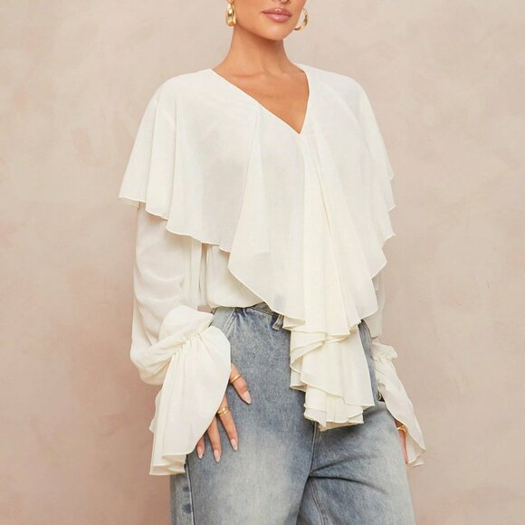 cream toned Casual Women's Boho Ruffled V-Neck Blouse top - Picture 7 of 8